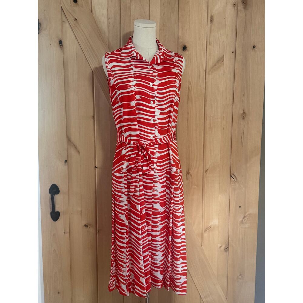 Cabi | Red White Brushstroke Tank Shirt Dress Pleated Belted | Size M